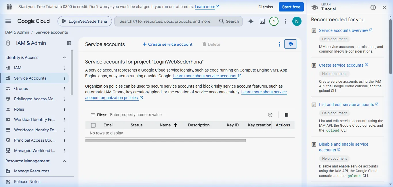 Halaman Service Accounts