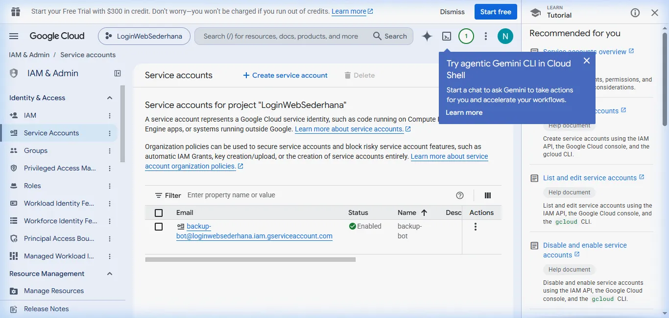 Service Account Berhasil Dibuat